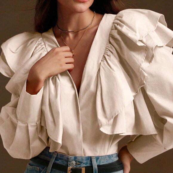 Tops - Khaki Casual Women's Elegant Ruffled Lantern Sleeve V-Neck Blouse